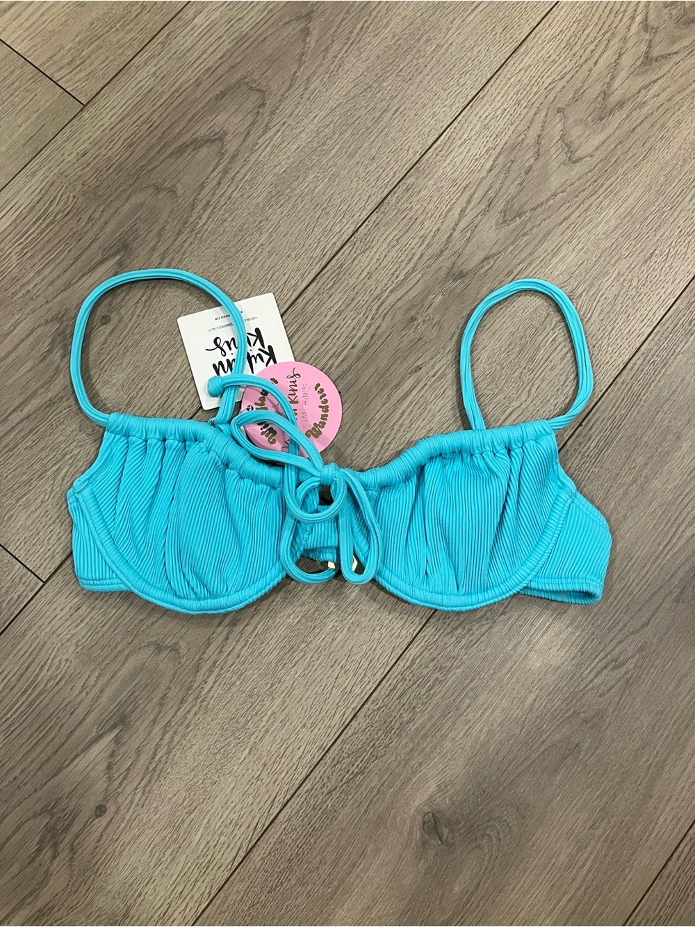 Kulani Kinis Bright Turquoise Ribbed Bikini Top with Front Tie